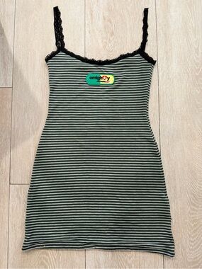 Omighty Dark Green and Grey Striped Lace-Trim Dress
